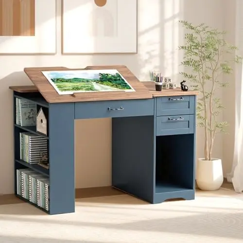 Drafting Table with Storage Cabinet & Drawers, Adjustable Drawing Desk with Open Shelves, Craft Table Painting Desk for