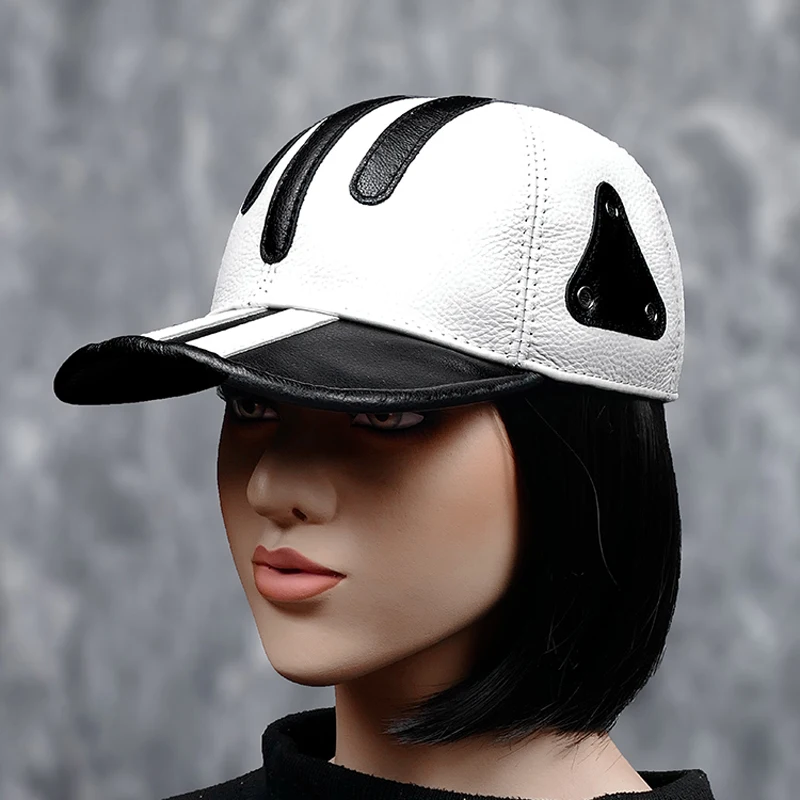 Quality Leather Baseball Cap Men Women 100% Cowhide Thin White Black Striped Triangle Golf Peaked Hat Unisex Chic  Hockey Gorra