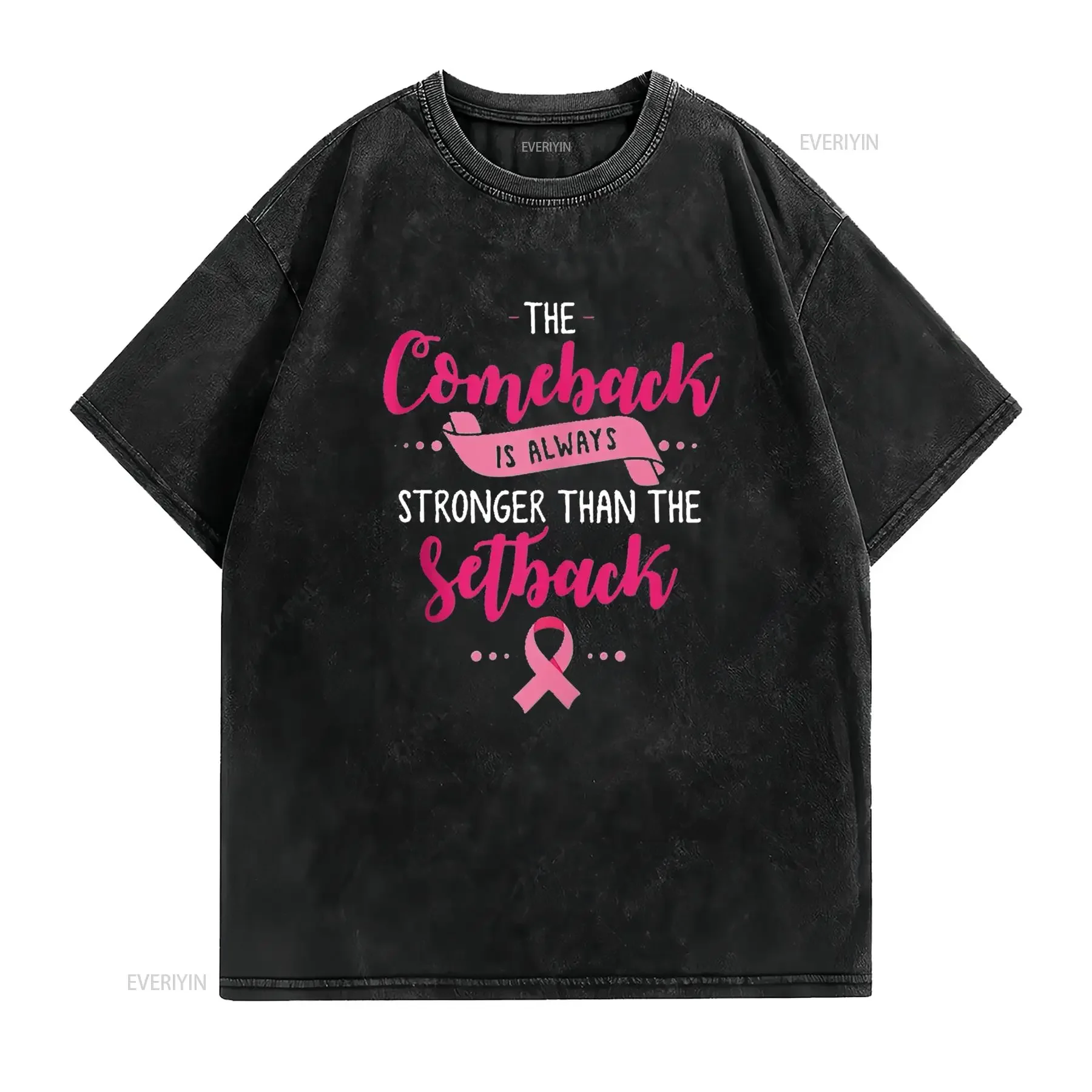 Mens Breast Cancer Or The Comeback Is Stronger Than Setback T Shirt Black 2X Large vintage Washed fashion Top For Everyday Wear