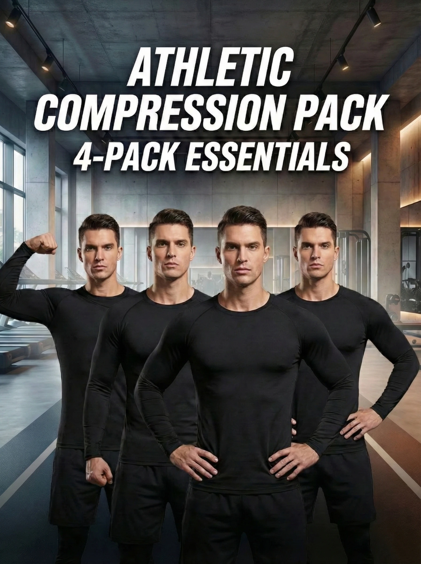 

Мужской спортивный комплект из 4 предметов: черные облегающие лонгсливы — обеспечивают эластичность, воздухопроницаемость и быстросохнущий комфорт для ежедневных тренировок