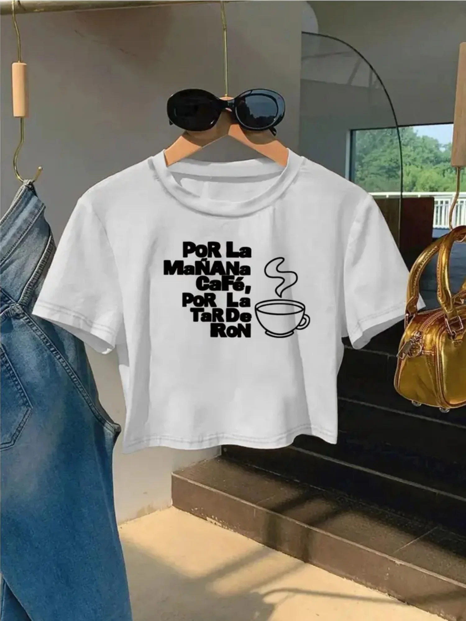 

Women'S Funny Coffee Lover Graphic T-Shirt Spanish "Mi Vivo Espresso" Print Cropped Lightweight Breathable Top for Casual Attire