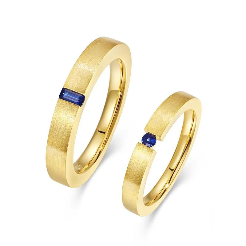 Santorini Love Sapphire Couple Ring Italian Handmade Brushed Inlaid Blue Sharp Crystal Gold Plated Men And Women's Pair Ring - Image 4