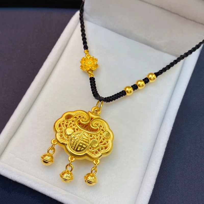 Luxury 100% Real 24K Gold Chinese "Fu" Lucky Ruyi Bell Lock Pendant Necklace, Traditional Charm For Women