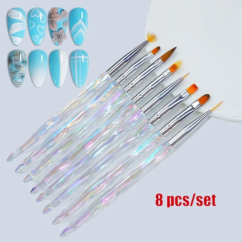 8pcs/set Aurora Acrylic Nail Art Painting Pens for Nail Design Soft Slender Brush Gradient Gel Drawing DIY Brush nail brush set