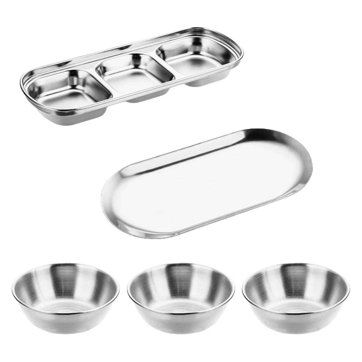 

5 Pcs Stainless Steel Sauce Dish 3 Compartment And Storage Tray 3pcs Dip Bowls Sauce Seasoning Plate Kitchen BBQ Tableware