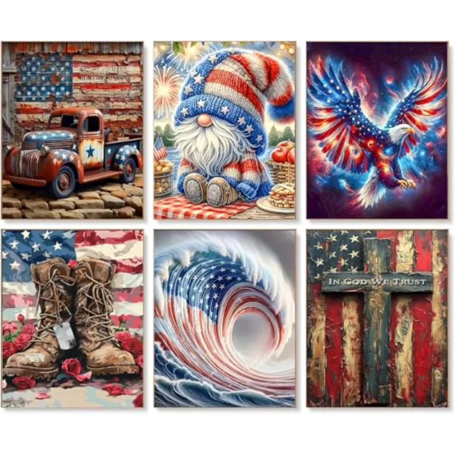 

Набор из 6 алмазных картин к Дню независимости для взрослых - Патриотические алмазные картины ко Дню независимости США (4 июля) для взрослых, полная выкладка 5D Diamond Dot