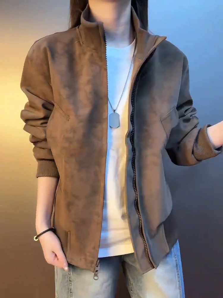 

Коричневая куртка из искусственной кожи для мужчин, весенняя, высококачественная, в американском ретро-стиле, мотоциклетная, на молнии, свободного кроя, с защитой от износа