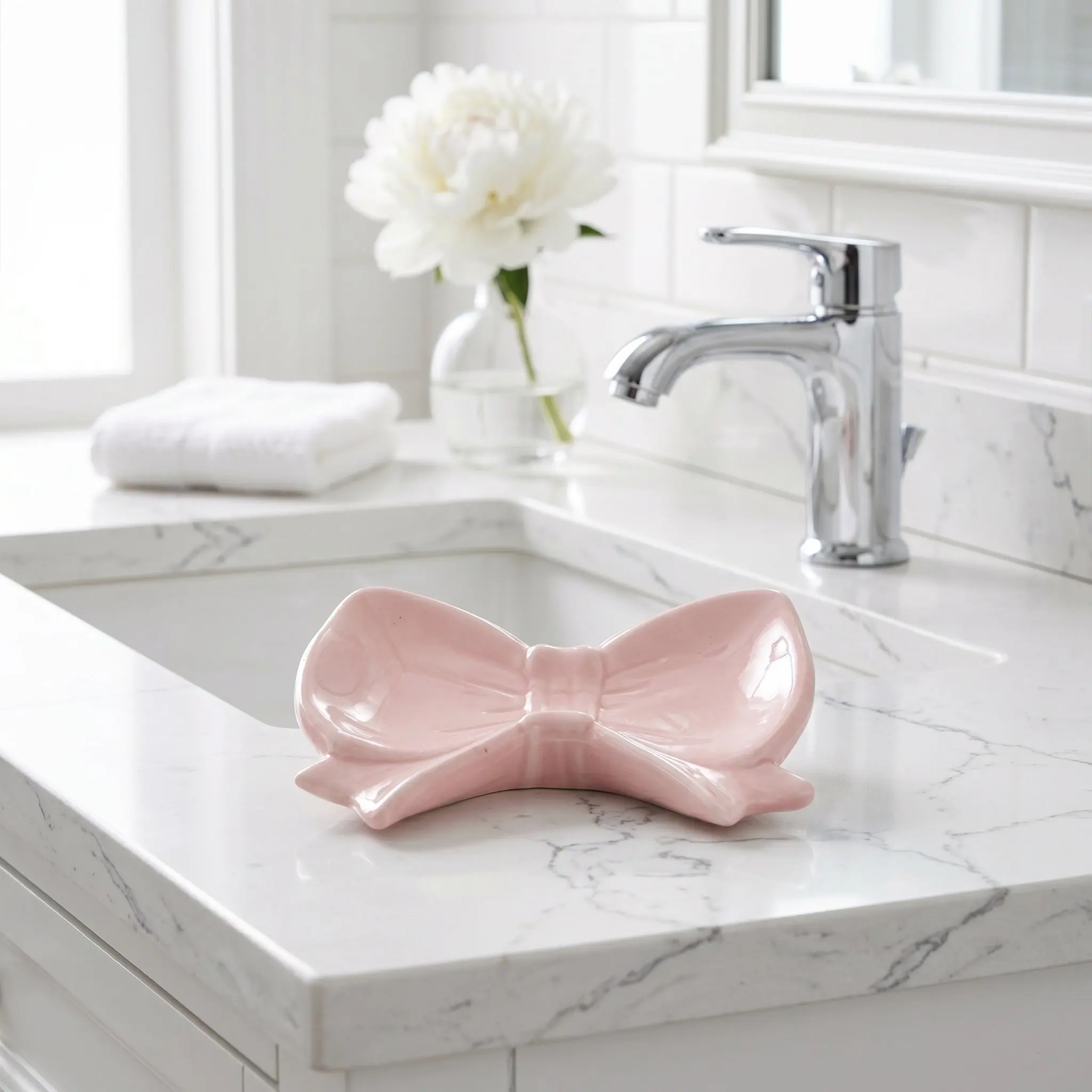 Pink Bow Ceramic Jewelry Tray Ring Dish Engagement Wedding Gift Decorative Earrings Holder Vanity Storage 4.7x4.4x1.2 Inch
