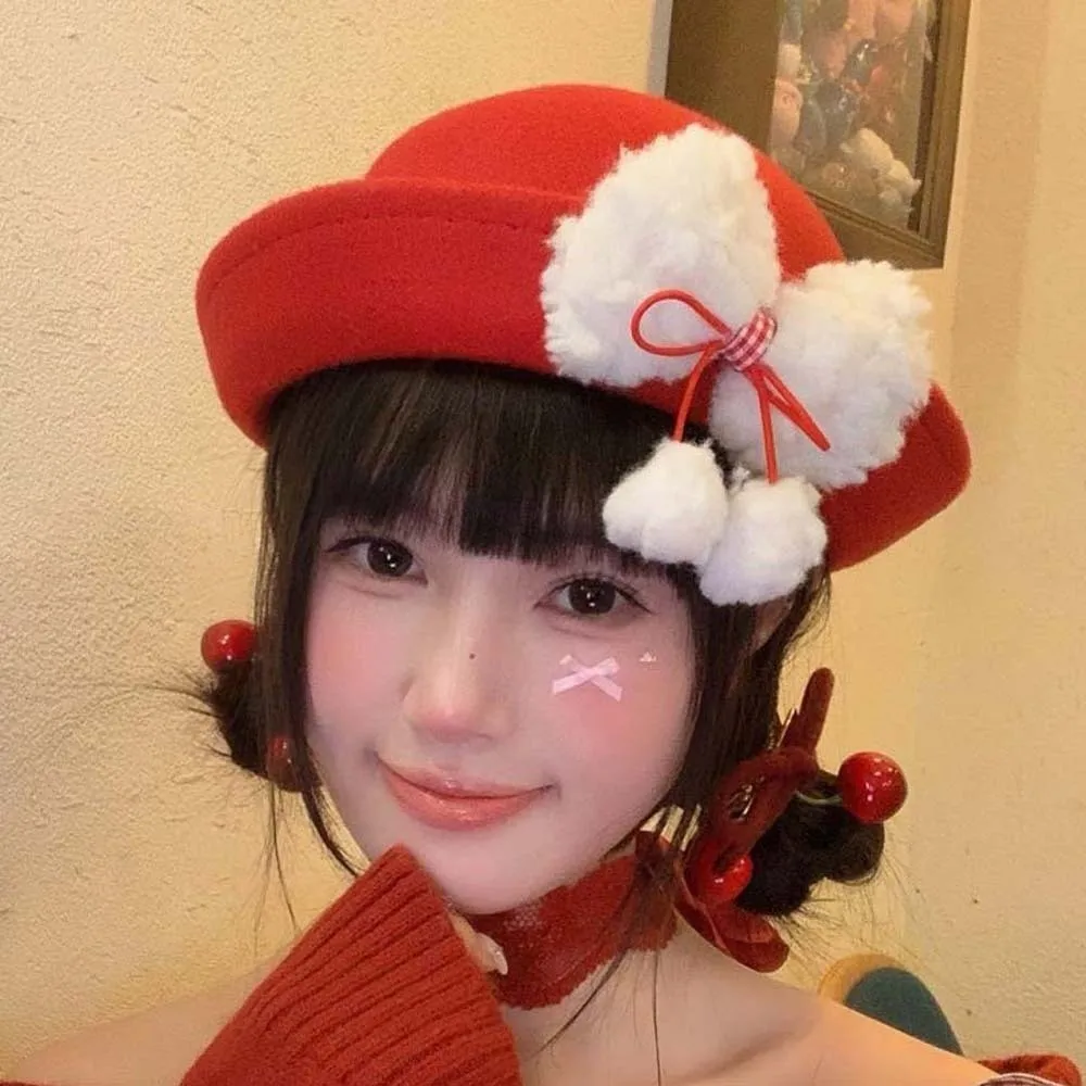 

Princess Hat Vintage Looking Red Bowler Hats Japanese Style Beret Woolen Bucket Cap Plush Versatile Girls Dome Hat Autumn