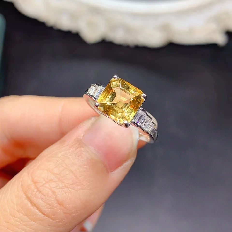 Classic 925 Silver Engagement Ring for Woman 8mm 2.5ct Natural Citrine Ring with 3 Layers 18K Gold Plated Crystal Jewelry