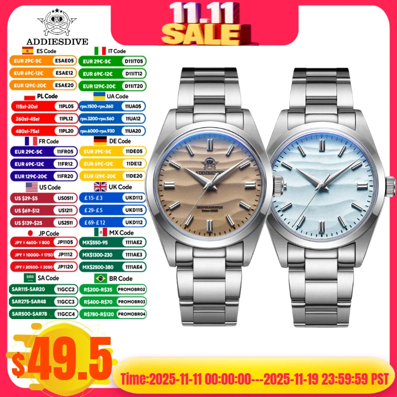 

ADDIESDIVE 36 мм мужские роскошные часы из нержавеющей стали с пузырьковым зеркалом, крышка горшка, стекло, 10 бар, дайвинг, relogios masculino, кварцевые часы