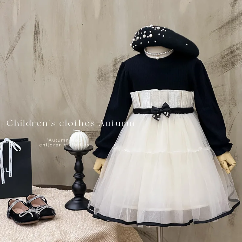 

Girls' Dress2025Autumn New Elegant Puffy Skirt with Bow Waist Princess Skirt for Big Kids Tulle Skirt