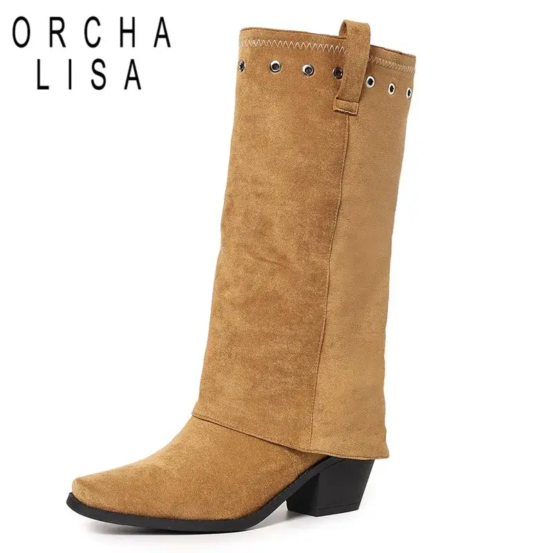 

ORCHA LISA Hot Female Knee High Boots Square Toe 6cm Thick Heel Slip On Flock Suede Large Size 41 42 43 44 Leisure Tall Winter