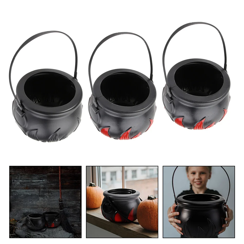 3 Pcs Halloween Goodie Bags Candy Cauldron Witch Jar Flame Bucket Kettles Plastic for Child