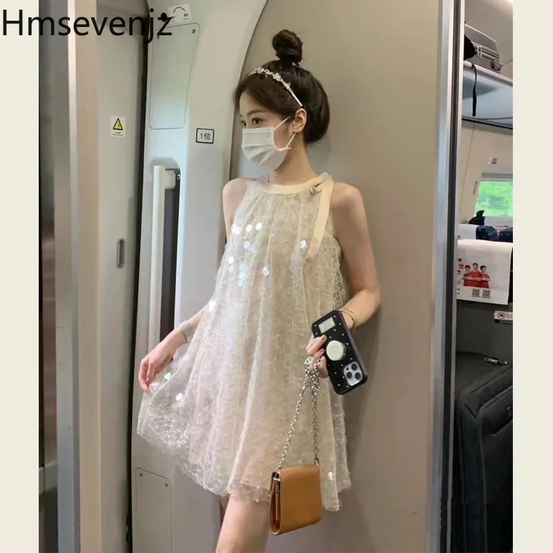 

Hmsevenjz Sequined Off Shoulder Halter Neck Dress Women's Summer Loose Fit Sleeveless A-line Short Dress Fashion Female Clothes