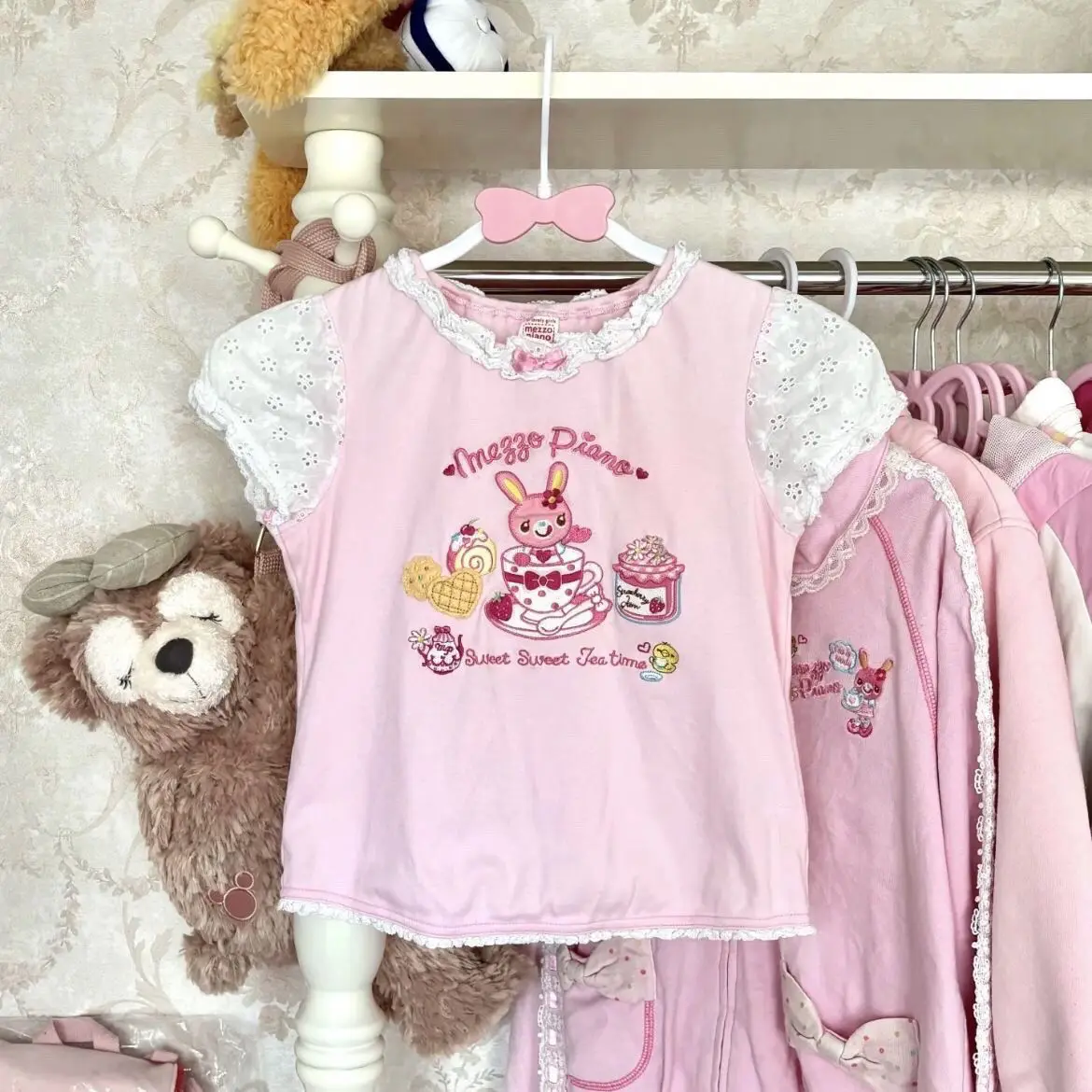 

Japan Style Sweet Bow Print Lace Short Sleeve Tshirt Kawaii Cartoon Graphic O-neck Pullover Tee Y2k Aesthetic Lovely Top E-girls