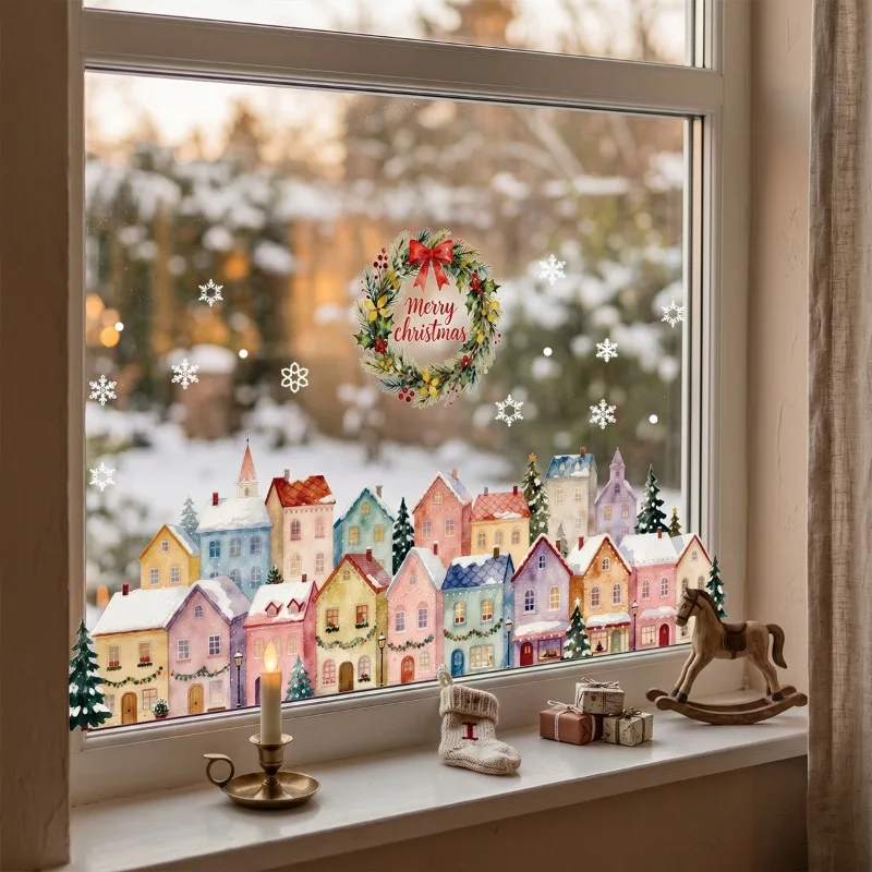New Christmas Watercolor House Static Glass Decor Removable Window Clings for Bedroom Living Room