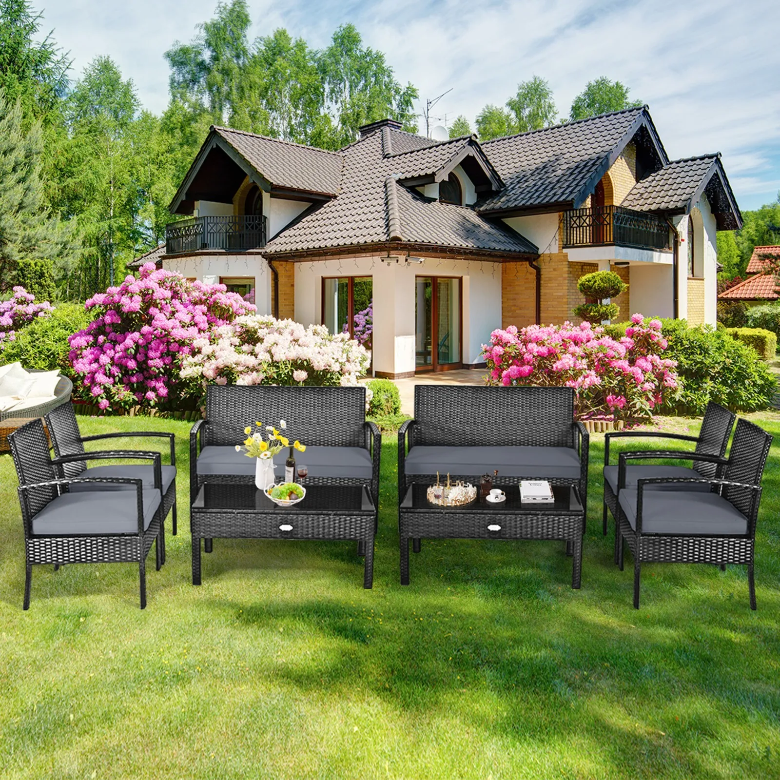 

8PCS Patio Wicker Rattan Conversation Set Outdoor Furniture Set w/ Cushion