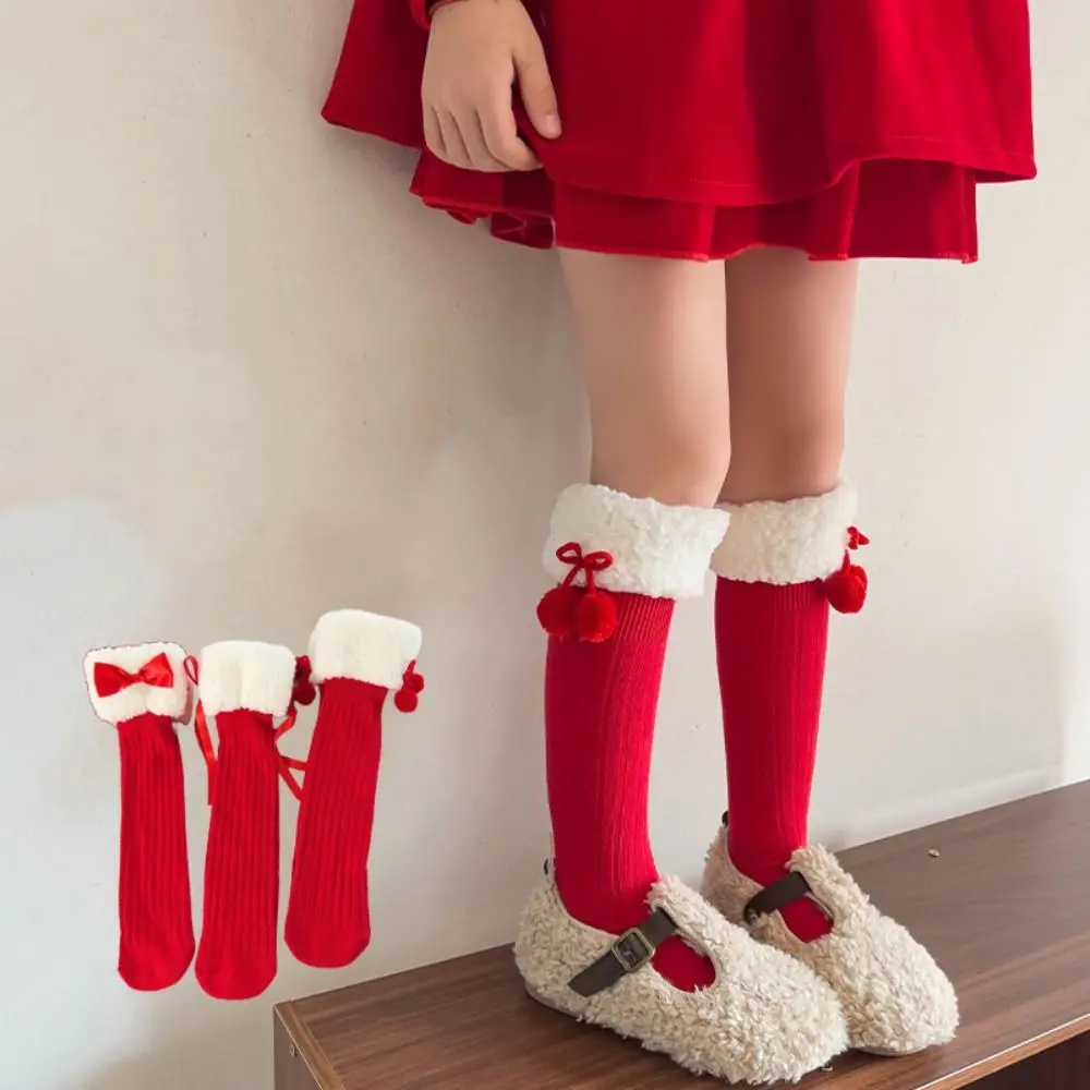 Cotton New Year Red Socks Warm Thicken Bow Children Red Socks Sleeping Socks Female Hosiery Middle Tube Socks For Girl