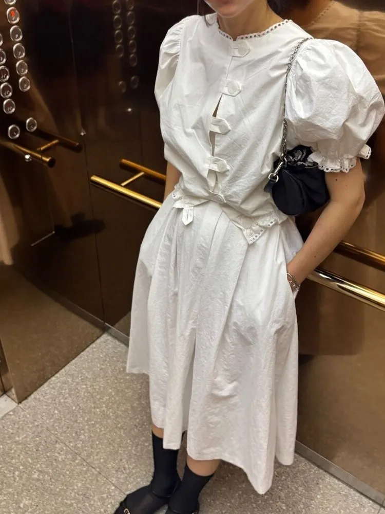 Chic Short Bubble Sleeve round Neck Shirt for Small Stature Women Korean Style Fashionable Top Quality Material Summer Season