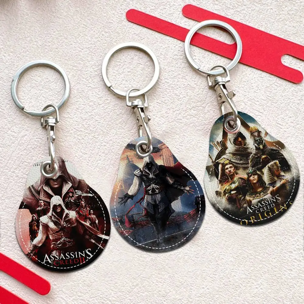 A-Assassins Creed Game 1pcs Leather Card Holder With Key Ring Water Drop Shaped Key Case Keychain Doorlock Accessories