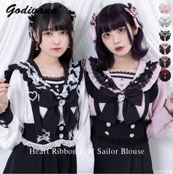 New Japanese Style Sweet Women's Long Sleeve Shirts Rhinestone Heart Ribbon Frill Bow Sailor Blouese Girl  Cute Shirt Tops