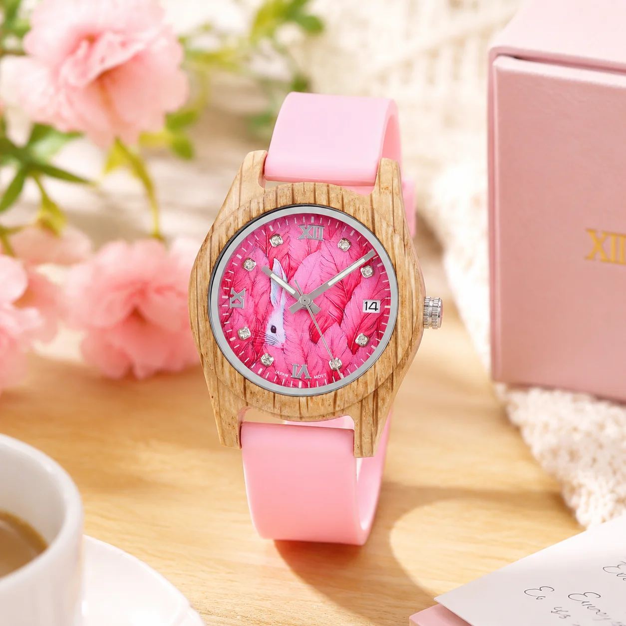 BOBOBIRD Women's Round Pink Natural Wooden Watch Luxury Fashion Elegant Quartz Wristwatch with Silicone Strap Gift for Girls