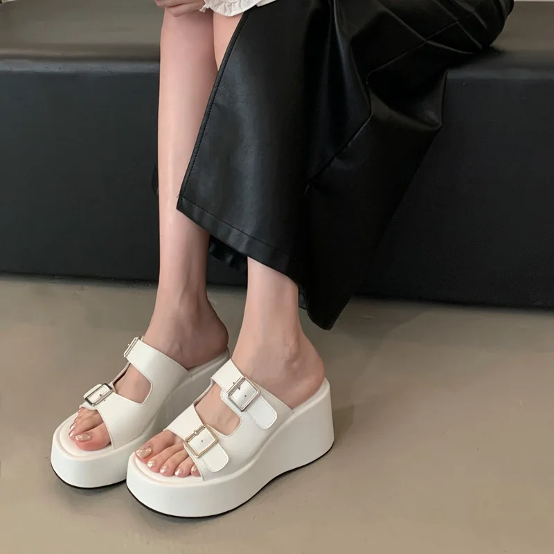 

White Wedge Heels Woman Slippers Summer Buckle High Heels Platform Sandals For Ladies Silver Shoes Sandales Femme Confortable