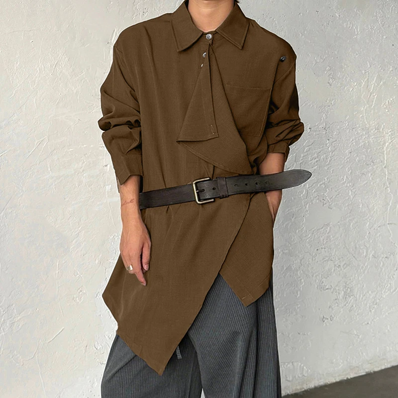 

INCERUN мужская рубашка нестандартной формы с однотонными лацканами и длинными рукавами на пуговицах, мужская одежда, уличная одежда, свободные модные повседневные топы с рюшами, мужские рубашки