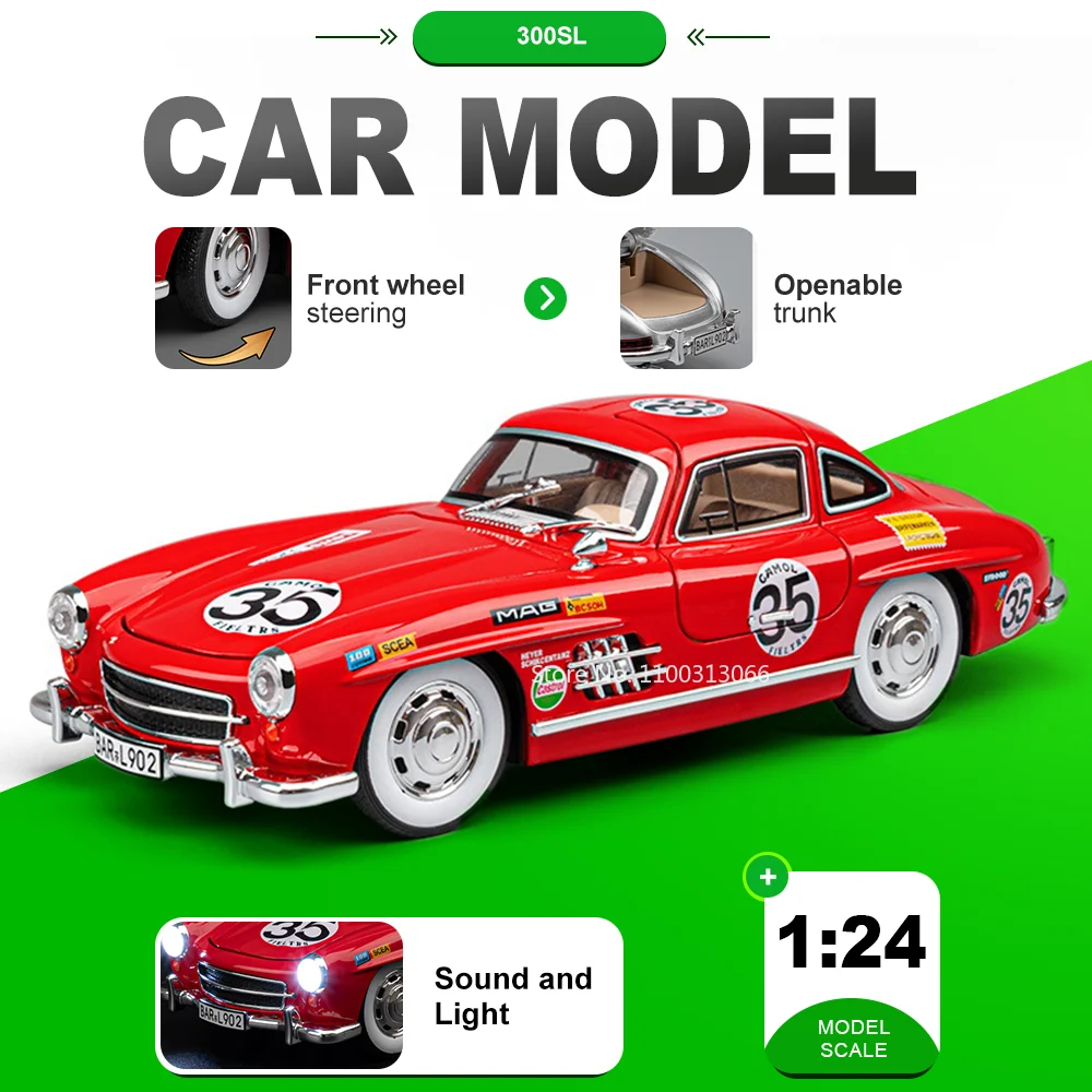 1:24 300SL 500K Oldtimer Miniatur-Modellautos aus Druckguss-Legierung mit Öffnenden Türen, Sound und Licht, Rückziehfahrzeuge, Sinnvolle Geschenke für Jungen