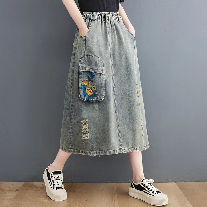 

High Waist A-Line Skirt Women's Summer plus Size Loose Denim Embroidered Skirts Slimming Midi Skirts for ort Girls
