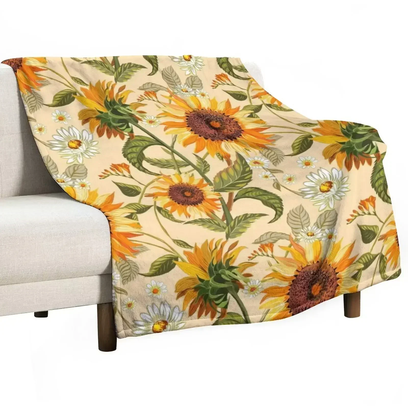 Sunflowers 70s vintage golden retro pattern, yellow and orange flowers Throw Blanket Bed Weighted Blankets