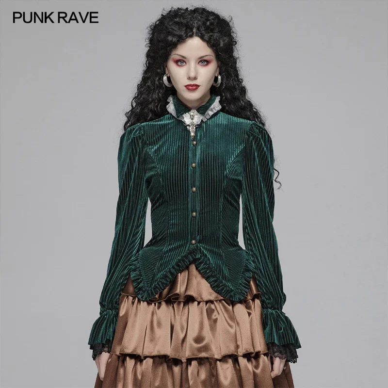 

PUNK RAVE Women's Gothic Gorgeous Dark-Grain Velvet Elastic Long Sleeve Fashion Beautiful Shirts Party Club Women Tops