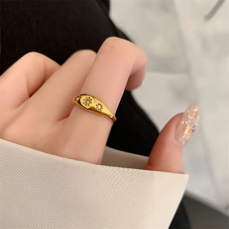 

Vintage Bohemian Zircon Stars Sun Stainless Steel Ring PVD Plated Gold Waterproof Jewelry Gift