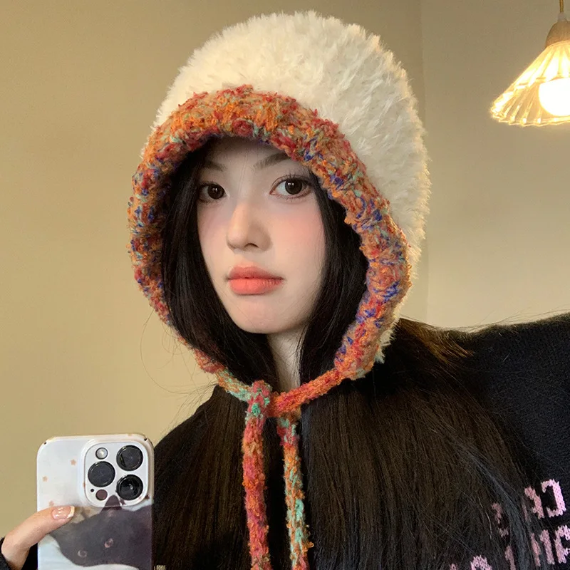 

Korean Big-headed Plush Knitted Pullover Cap for Women's Winter Thickened Warm and Cold-proof Lace-up Ear Protectors Bomber Hats