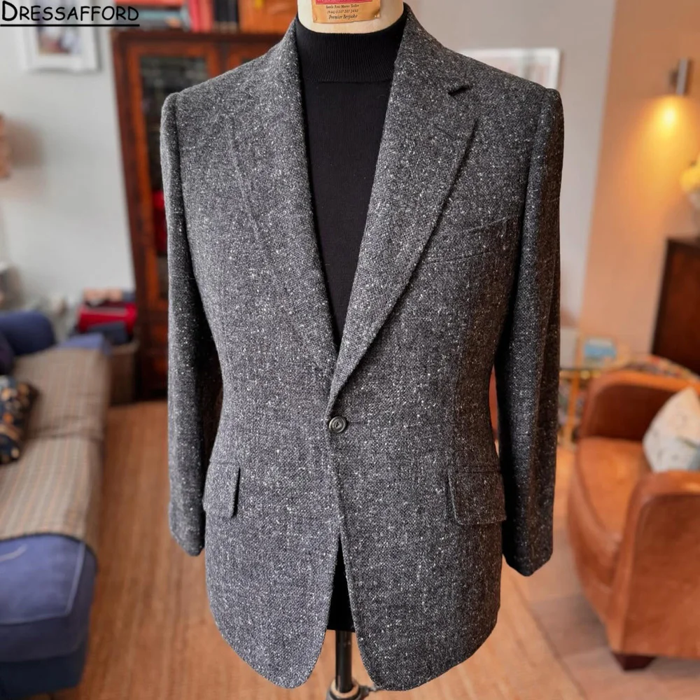 

Мужской серый шерстяной твидовый приталенный костюм из двух предметов, зимний деловой смокинг с узором «елочка», мужская куртка для жениха, комплект брюк