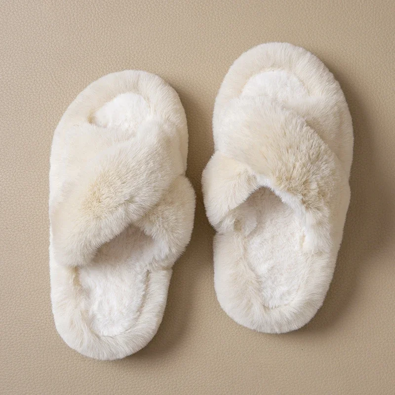 ZUOFU Damen Flauschige Pantoffeln mit Kreuzriemen, Herbst Winter, 4cm Plateau, EVA-Sohle, Warme Rutschfeste Indoor-Hausschuhe – Detail 4
