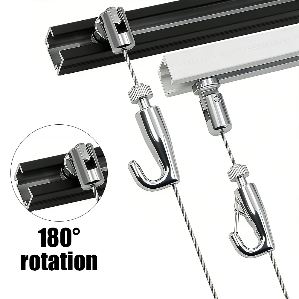 1-4PCS Small U-shaped Track 1.5mm Stainless Steel Wire Rope Kit with 180 ° Adjustable Hanging Hook for Picture Suspension System