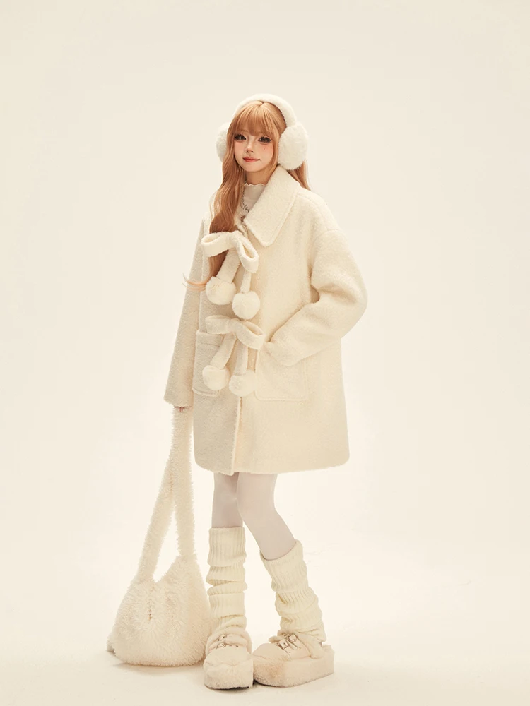 Japanese Preppy Style Sweet Cute Girl Big Lapel Bow Buckle Single-breasted Straight Loose White Long Woolen Coat Women Winter