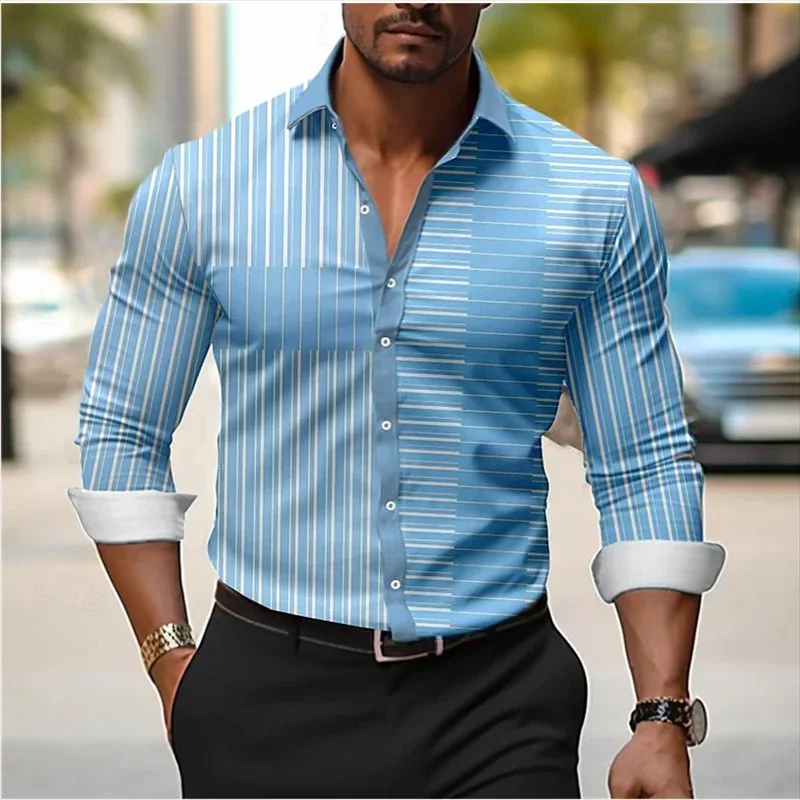 Camisa de manga larga con estampado de rayas a cuadros, camisa informal de tela elástica con solapa para vacaciones en la calle, primavera y verano, novedad de 2024