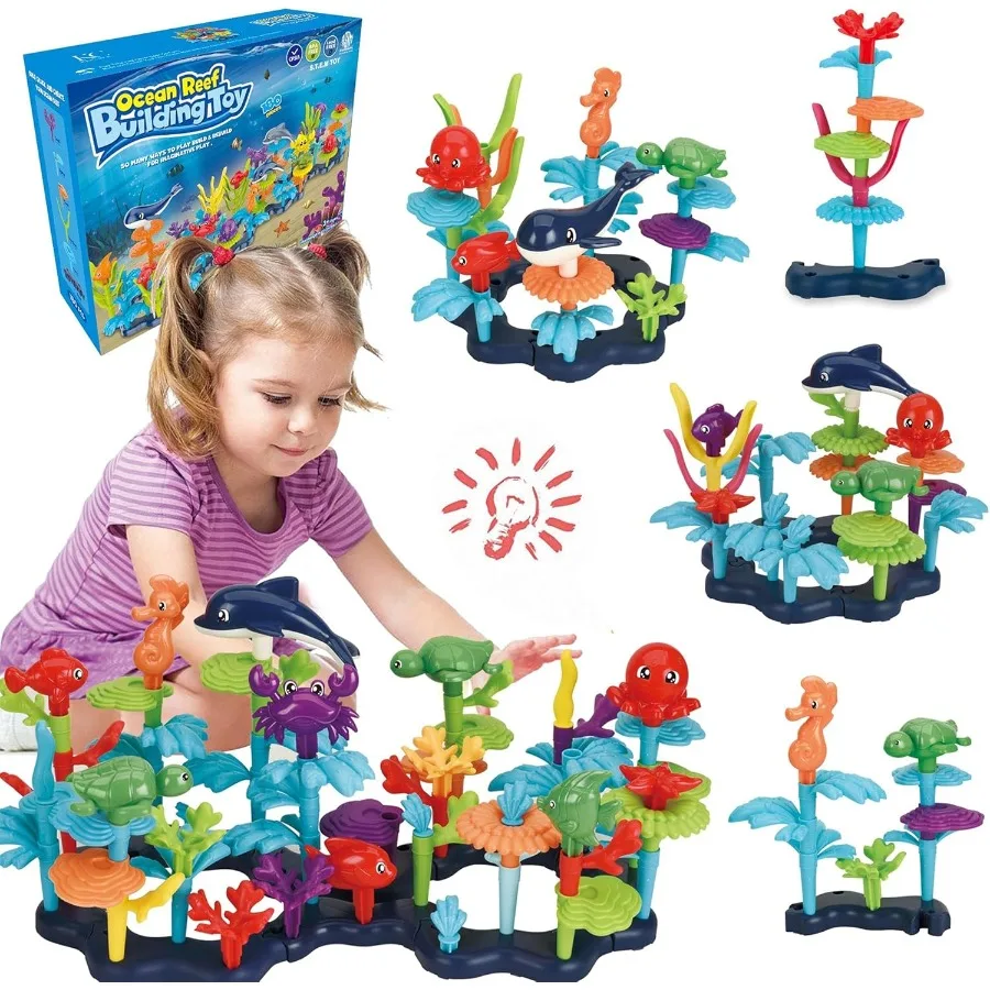 Ocean Reef 125 pcs Building Toy Set for Toddlers and Age 3 4 5 6 Year Old Boys and Girls Stacking Reef Garden Building Toy STEM