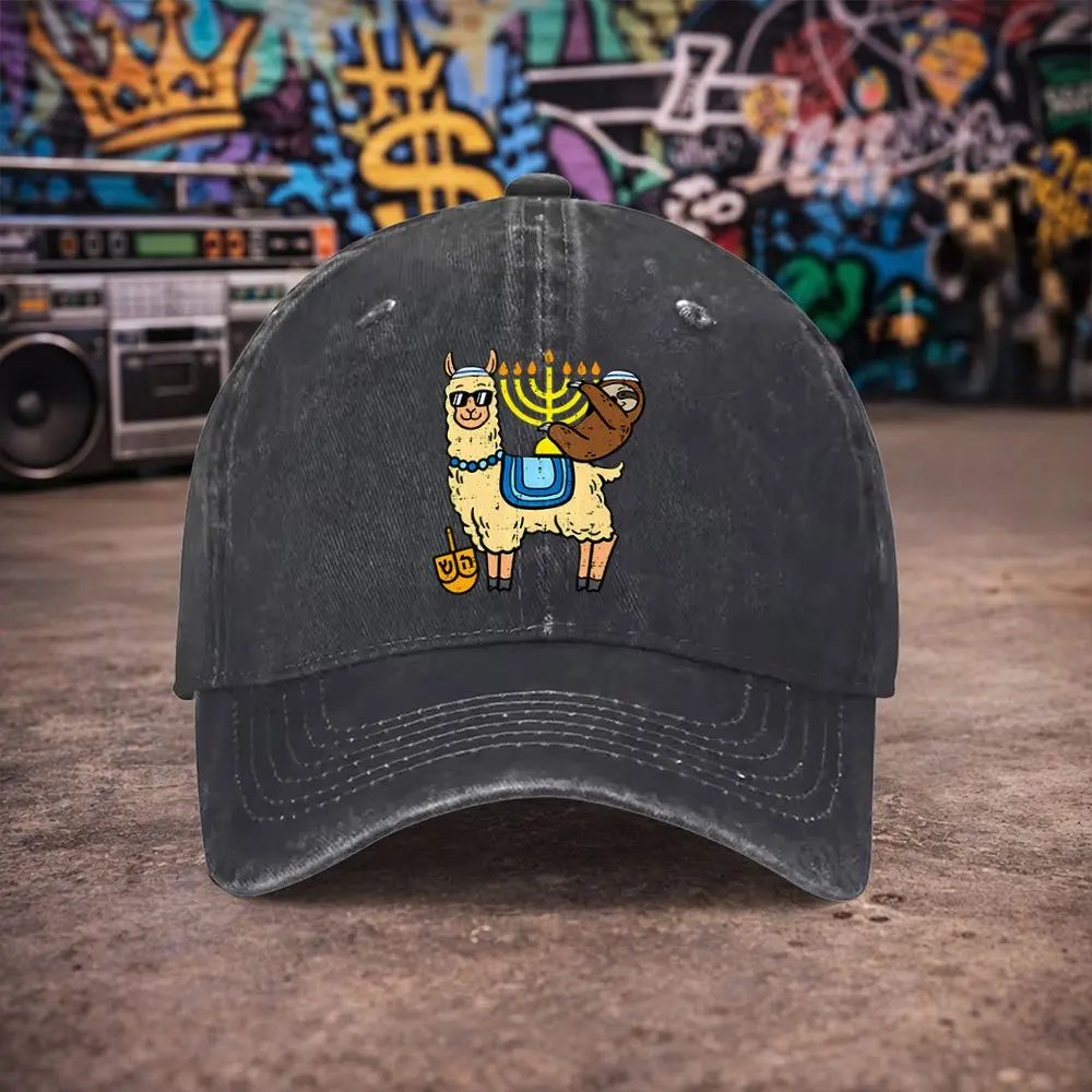 1pc Unisex Alpaca Sloth Hanukkah Vintage Washed Baseball Cap - Men'S Trendy Hat - Versatile Duckbill Cap - Fun Print - Unique Bi