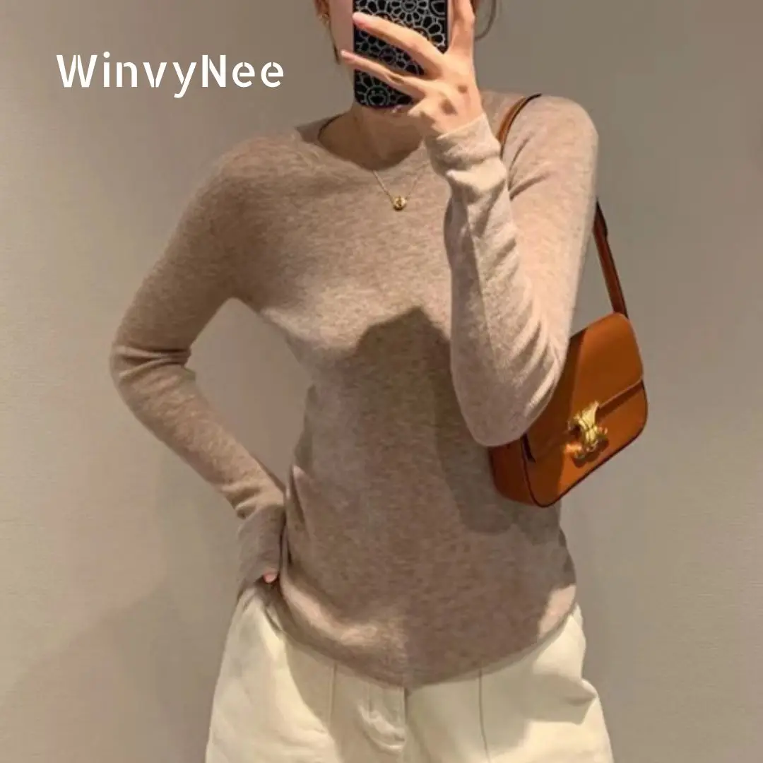 

WinvyNee Spring Women Wool Ribbed Knit Sweater Round Neck Long Sleeve Slim Fit Solid Textured Elegant Fashion Top ZA1047016