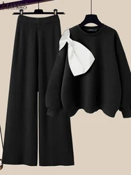 ZANZEA Autumn Wide Leg Long Trouser Suit Women 2PCS Pant SETS Fashion Bowtie Stitching Pullover Outfits Casual Sweatshirt Sets