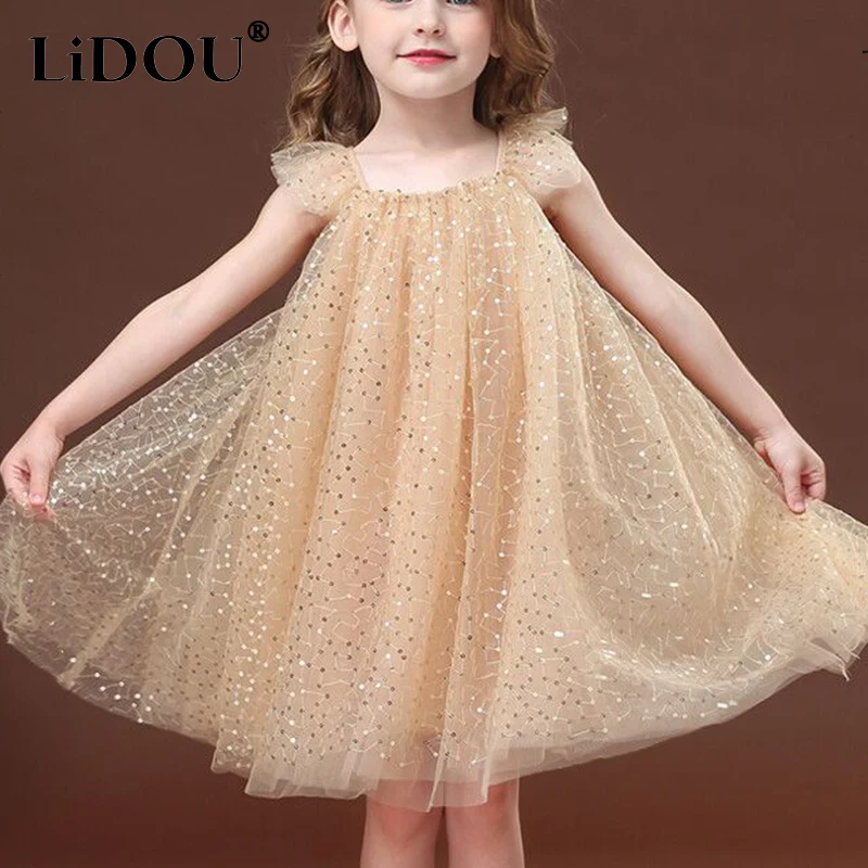 2023 New Korean Fashion Aesthetic Elegant Dress Creative Chic Vintage Kawaii Sleeveless Solid Color Children Girls Clothes