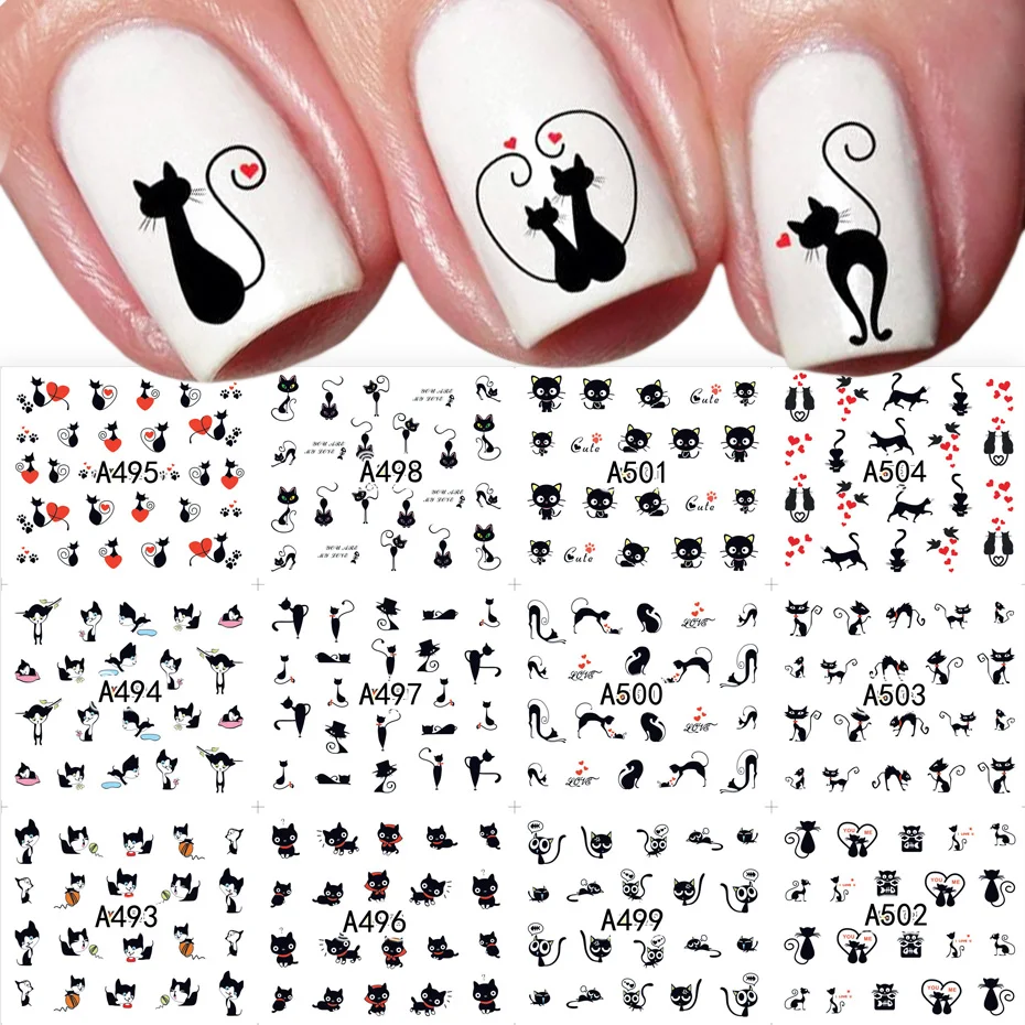 12pcs adesivi per gatti neri decalcomanie per unghie Love Heart Cartoon Nail Art cursori d'acqua decorazioni per tatuaggi Manicure di san valentino TRA493-504