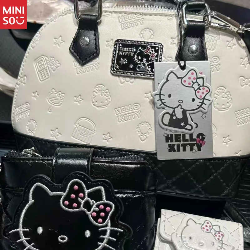 Miniso Black White Hello Kitty Tote, Classic Shell Pillow Bag with Crossbody Strap
