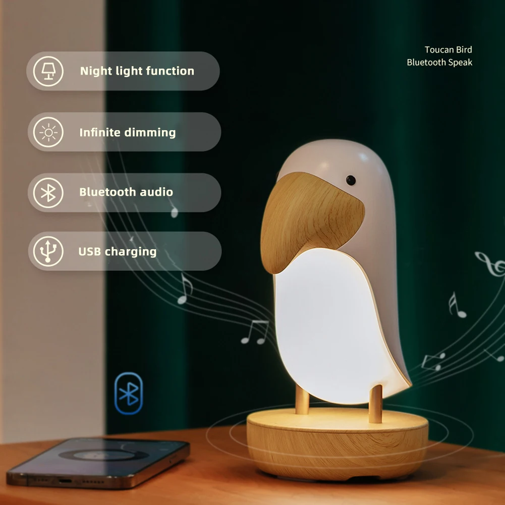 Cute Birds Night Light, Bluetooth-Speaker, Luz Ambiente, Escurecimento Stepless, Luzes de Respiração LED, USB Recarregável, Touch Table Lamp