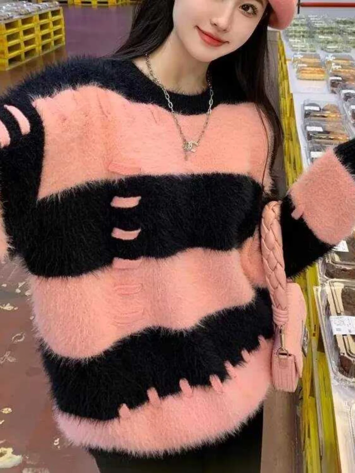 

Корейский полосатый дизайн Sensation норковый свитер женский осенне-зимний тонкий ленивый пушистый вязаный топ