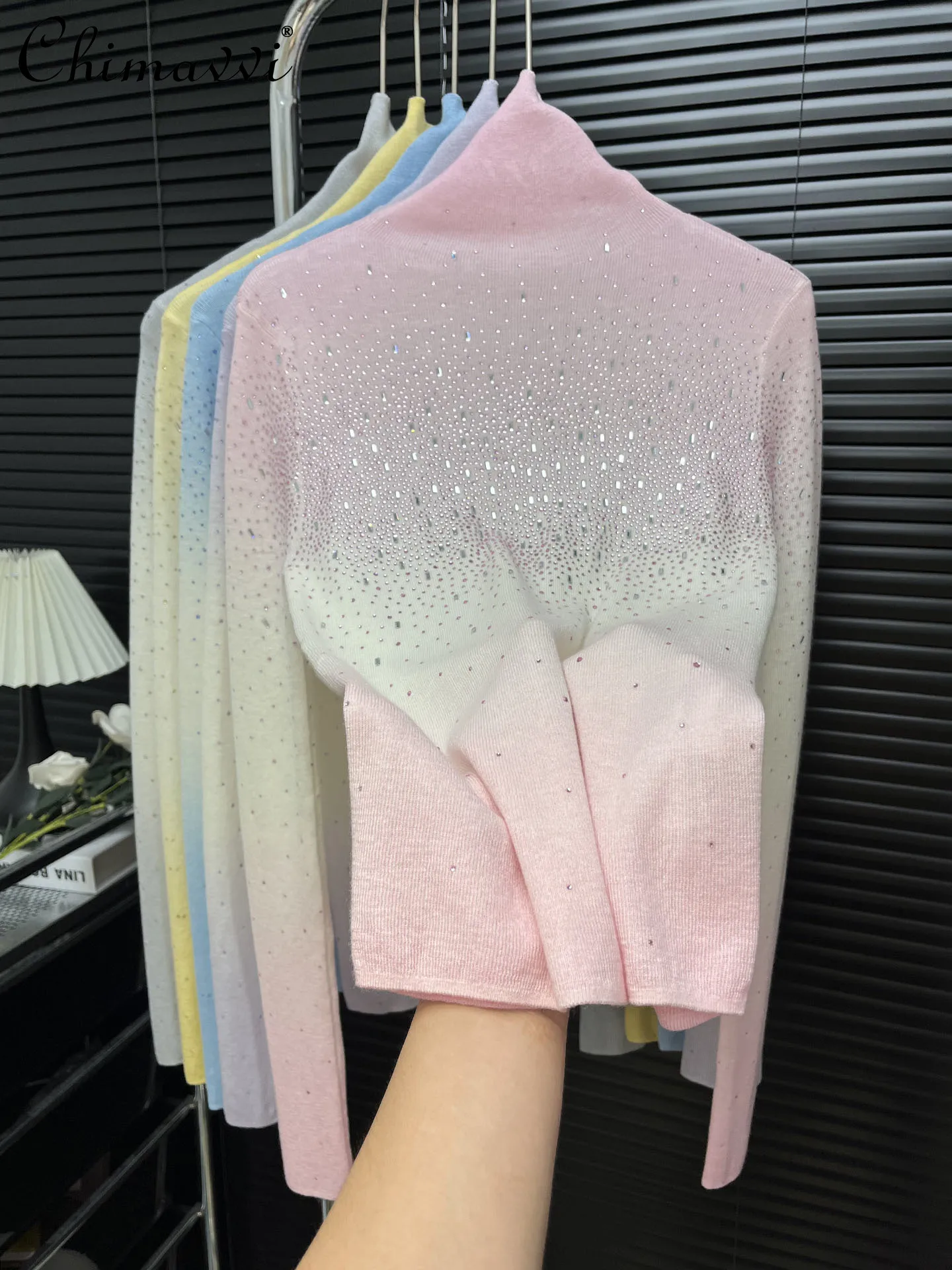 

Heavy Rhinestone Gradient High-End Ombre High-Neck Knitted Top Women Fashion Slim Fit Elegant Sweater Autumn and Winter